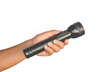 Hand holding black flashlight isolated on white background - concepts of searching and direction....