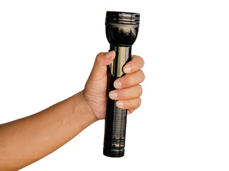 Hand holding black flashlight isolated on white background - concepts of searching and direction. Clipping path inside