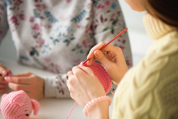 Young attractive girls in a knitting lesson