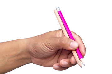 Two pencil in female hand on white background, isolate, inside clipping path.