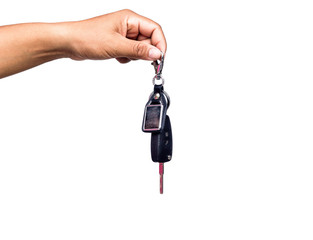 Male holding car keys, isolated on white background.