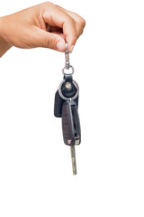 Male holding car keys, isolated on white background.