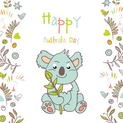 Happy Australia Day with a cartoon koala. Celebratory background with flowers and leaves. layout design template for cards, banner, poster, flyer. Tipografiya illustration.