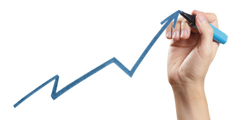 Hand drawing a graph using a blue marker, isolated on white background