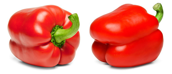 Two bell peppers on a white isolated background. Close-up.