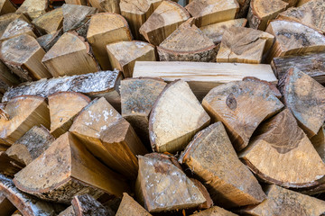 Natural wooden background. Firewood stacked and prepared for winter