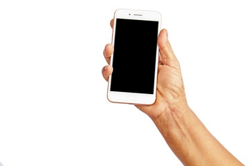 Old woman's hand holding smart phone on white background, isolate, clipping path