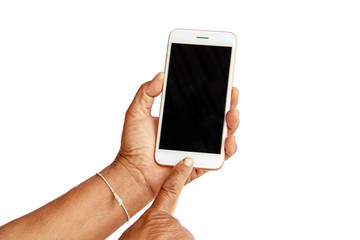 Old woman's hand holding smart phone on white background, isolate, clipping path