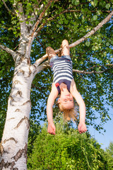 Happy girl hanging from a tree in a summer park