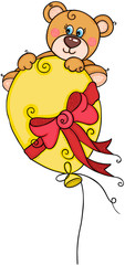 Teddy bear flying with yellow balloon
