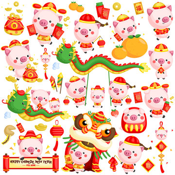 A vector set of pigs in Chinese new year celebration costume and items