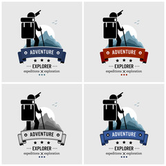 Explorer backpacker adventure logo design.  Vector artwork for expedition, exploration, and mountain hiking.