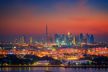 Fototapeta na wymiar Beautiful skyline of Dubai city at night in United Arab Emirates