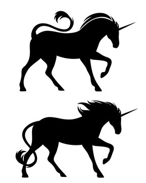 running unicorn horses black vector silhouette set on white - speeding fairy tale animals design