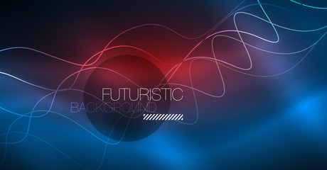 Glowing abstract wave on dark, shiny motion, Christmas and New Year magic space light. Techno abstract background