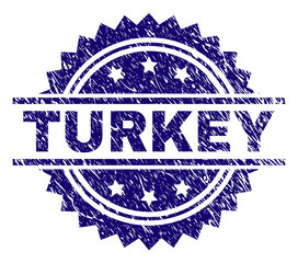 TURKEY stamp seal watermark with distress style. Blue vector rubber print of TURKEY label with grunge texture.