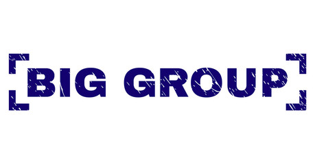 BIG GROUP title seal print with grunge effect. Text title is placed inside corners. Blue vector rubber print of BIG GROUP with grunge texture.