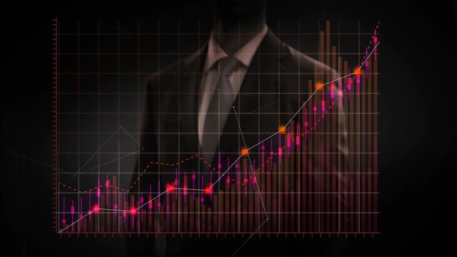 Businessman moves finger up, various animated Stock Market charts and graphs. increase red line. 4k animation.