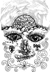 Painting of the spirit of the earth, eyes and earth in perspective, the cosmic body.