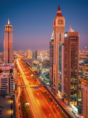 Beautiful rooftop view of Sheikh Zayed Road and skyscrapers in Dubai, United Arab Emirates - obrazy, fototapety, plakaty