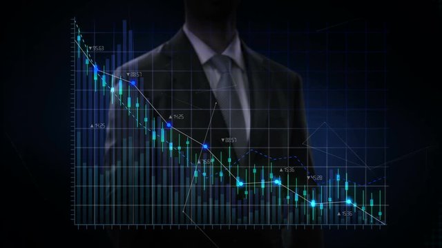 Businessman moves finger up, various animated Stock Market charts and graphs. decrease blue line. 4k animation.