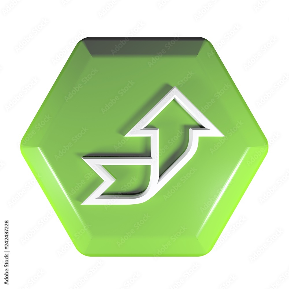 Poster green hexagon push button arrow right and up - 3d rendering illustration