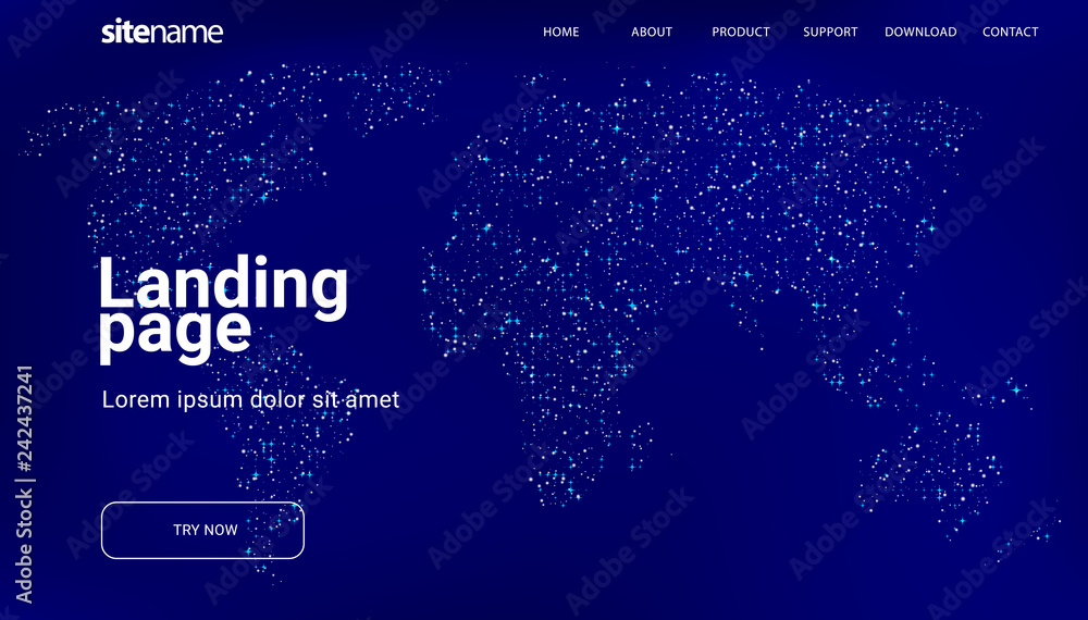 Wall mural landing page design with world map in the form of glittering stars in the sky.