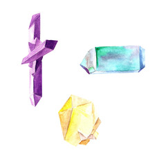 Watercolor set of crystals, ore, glass, bright isolated. hand-drawn.