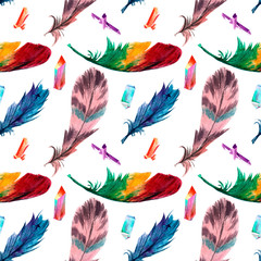 Watercolor pattern feathers are bright colored, on a white background, drawn by hands. crystal