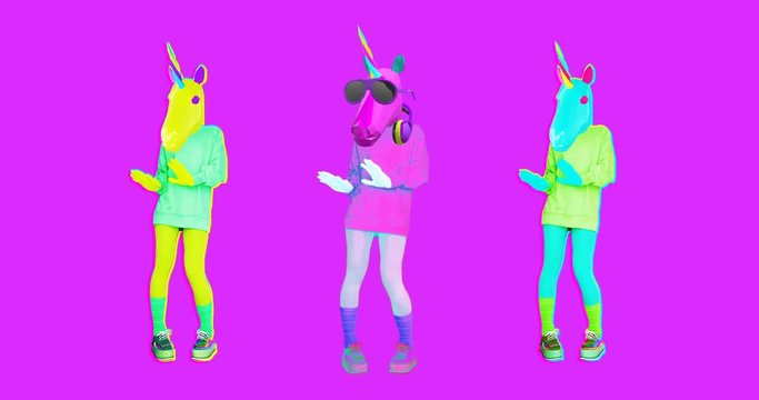 Minimal animation gif set. Dancing Party colorful unicorns