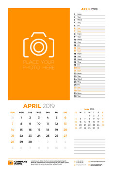 Wall calendar planner template for April 2019. Week starts on Sunday. Vector illustration