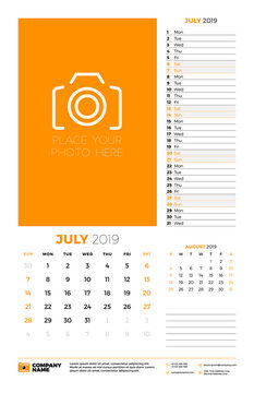 Wall calendar planner template for July 2019. Week starts on Sunday. Vector illustration