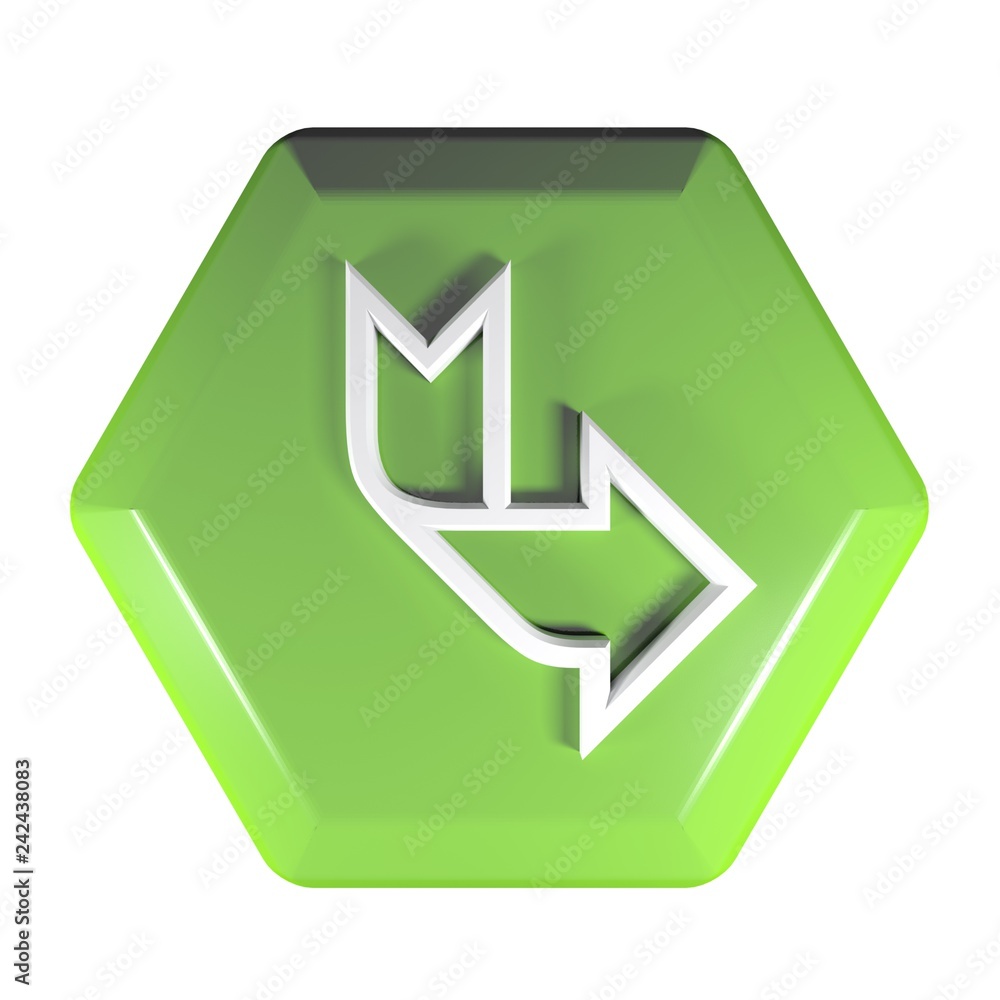 Poster green hexagon push button arrow down and right - 3d rendering illustration
