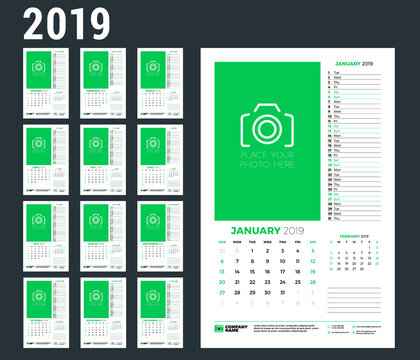 Wall calendar planner template for 2019 year. Week starts on Sunday. Vector illustration