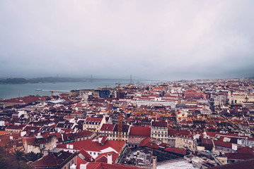 PANORÁMICA CON PAISAJE DE LA CIUDAD DE LISBOA Y RIO Y CIELO EN EL HORIZONTE