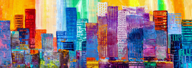 Abstract painting of urban skyscrapers. - obrazy, fototapety, plakaty