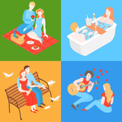 Flat couple outside on romantic date. Valentine day picnic in the park with food basket and wine. Happy boyfriend and girlfriend dating. Cartoon man and woman have relationship