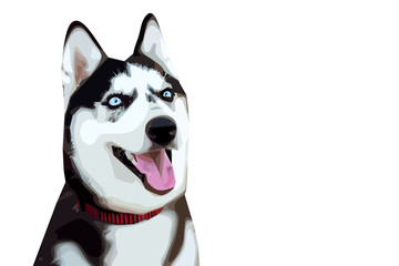 drawn illustration of a blue-eyed husky dog on a white background showing the language for logos, t-shirts