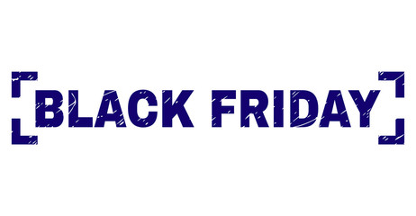 BLACK FRIDAY text seal print with corroded texture. Text tag is placed inside corners. Blue vector rubber print of BLACK FRIDAY with corroded texture.