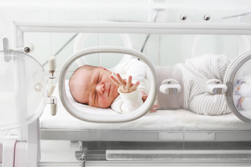 Nowonarodzone dziecko w inkubatorze na oddziale szpitalnym. - obrazy, fototapety, plakaty