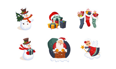 Collection of Christmas objects, cute bright New Year holiday decoration elements vector Illustration