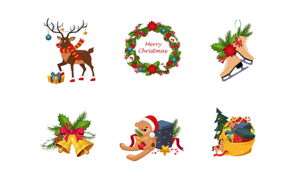 Merry Christmas, cute bright holiday decoration elements vector Illustration