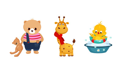 Cute funny animals characters in different actions, bear with a teddy bear, giraffe in a red scarf, duckling bathing in the basin vector Illustration
