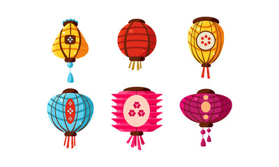 Colorful Chinese paper lanterns set, festival design elements vector Illustration