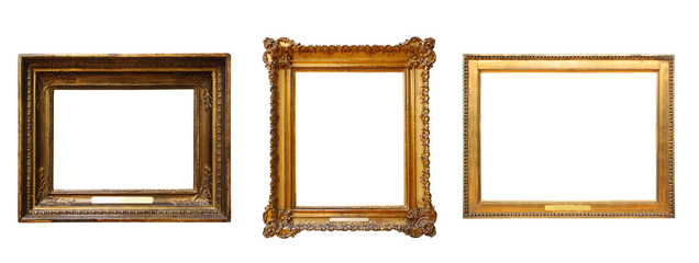 Set of three vintage golden baroque wooden frames on  isolated background