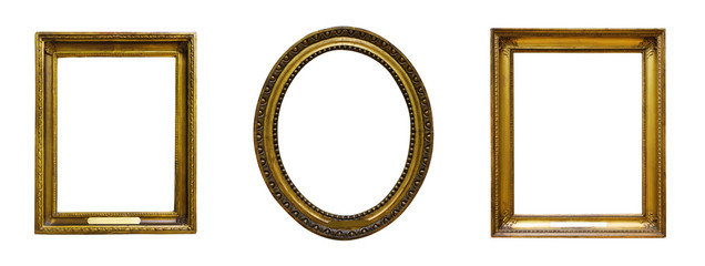 Set of three vintage golden baroque wooden frames on  isolated background
