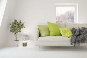 White room with sofa and winter landscape in window. Scandinavian interior design. 3D illustration