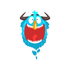 Funny horned monster, colorful fabulous cartoon creature character vector Illustration