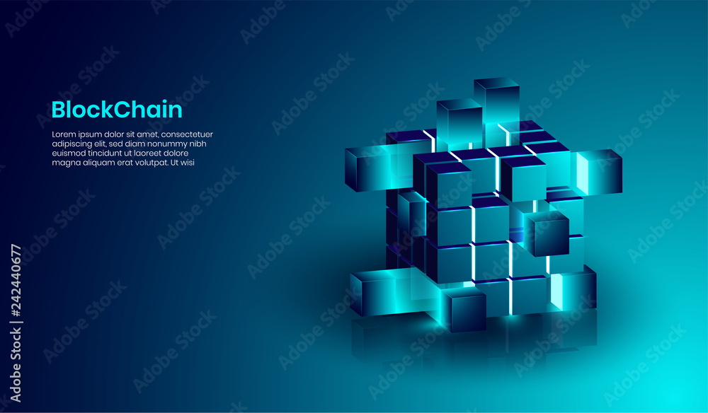Poster isometric blockchain and cryptocurrency technology concept, realistic shape of blockchain connected 