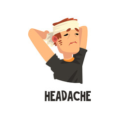 Man with a bandaged head suffering from headache, migraine, health problems, sick unhappy man character vector Illustration